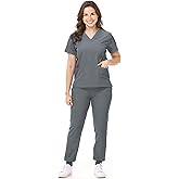 Mizzuco Scrubs Set for Women Nurse Uniform V-Neck Top and Drawstring Jogger Pants with Multi Pocket Nurse Workwear