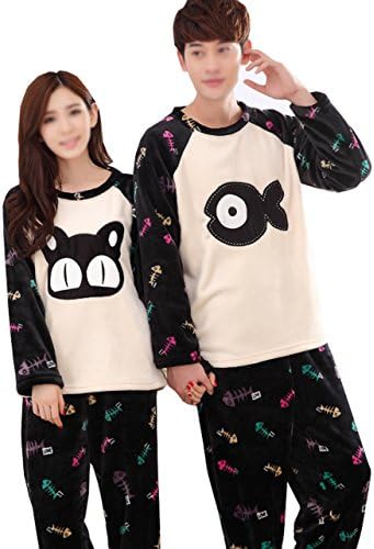 Km Couples Winter Flannel Pajamas Sets Cat and Fish Long Sleeve Fleece Homewear (Female M)