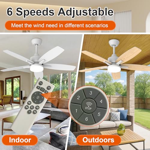 Kemoribe Ceiling Fan with Light and Remote Control, 106 cm LED Lamp Ceiling Fan Dimmable Built-In Lamp, 6 Speed, Silent Wood Effect Blades