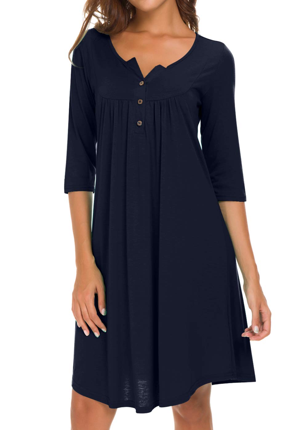 AMCLOS Womens V Neck Dress Casual Swing Simple Ruffle Button up Loose Dresses 3/4 Sleeve Long Sleeve (Medium, Long-Navy Blue)