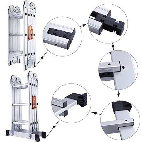 Extension Length 15.5ft (473cm) 330lb Capacity Aluminum Multi Purpose Extension Ladder 4x3 Steps with Safety Locking Hinges Folding Ladders also used as Work Platform - Thumbnail 4