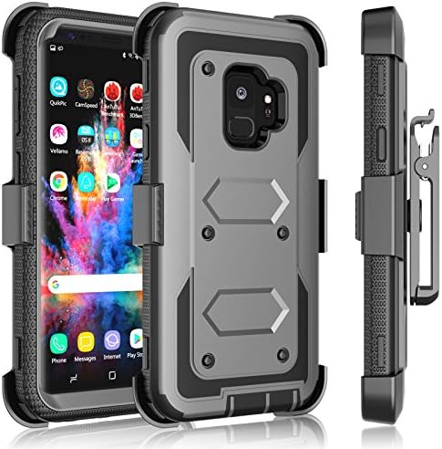 Galaxy S9 Plus Case, Samsung Galaxy S9 Plus Holster Clip, Tekcoo [Tshell] Shock Absorbing [Ash Gray] Secure Swivel Locking Belt Defender Heavy Full Body Kickstand Carrying Tank Armor Cases Cover