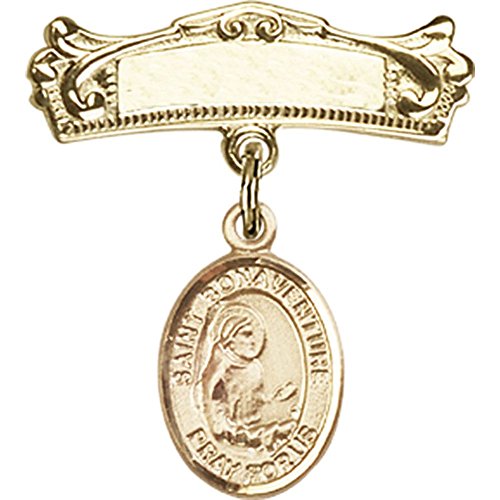 14kt Yellow Gold Baby Badge with St. Bonaventure Charm and Arched Polished Badge Pin 7/8 X 3/4 inches