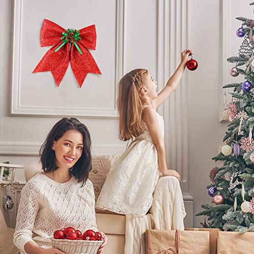 BigOtters Christmas Decorative Bows, 14.5 x 13 Inches Large Glitter Bows Sparkly Bows with Pine Cones for Wreath Garland Treetopper Xmas Tree Ornament Home Wall Door Decor, Red