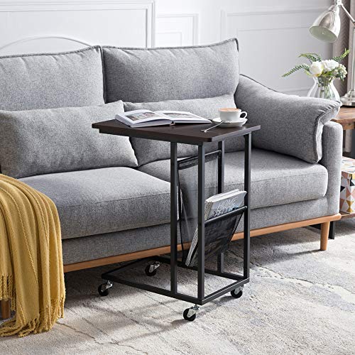 EKNITEY Sofa Side Table,Mobile C Shaped End Table Snack Table with Wheels and Side Pocket for Living Room,Laptop,Bedroom,Coffee,Couch and Small Spaces (Walnut)