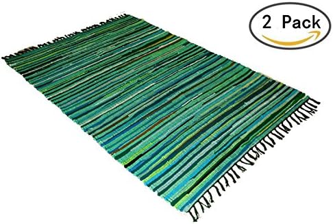 GUchina Cotton Woven Rag Rug with Tassels, 20"x31.5", Set of 2, Handmade Heavy Woven Stripe Carpet With Non-Slip Area Rug Pad (Green)