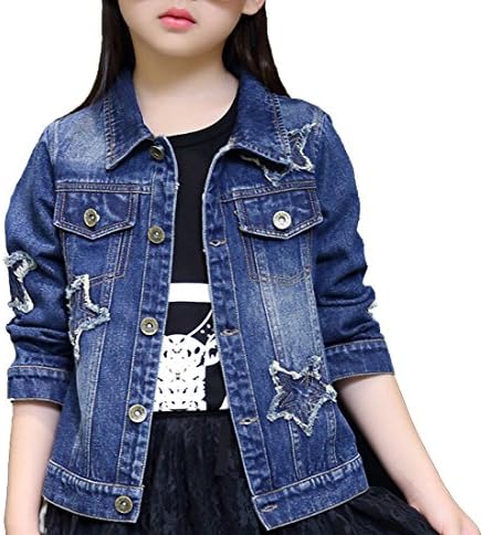 Girls Ripped Distressed Star Patches &amp; Pearl Beading Blue Denim Jean Jacket (Star, 12)