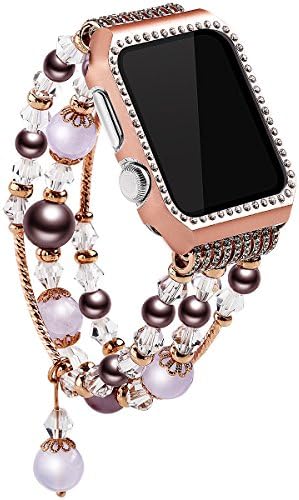 For Apple Watch Band/Wristband/Belt, Colorful iWatch Strap 42mm with Glittering Diamond Metal Case, Moonooda Crystal Beads/Pearl Bracelet Feminine/Women Band for Apple Watch Series 3/2/1 (M,Purple)