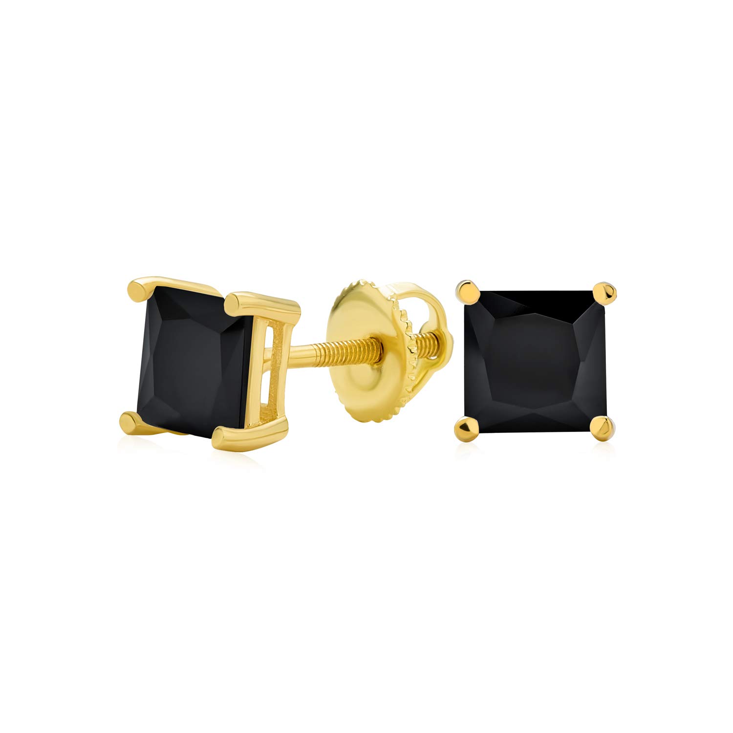 Black Square Cubic Zirconia Princess Cut CZ Stud Earrings Women Men Screw back Gold Plated Sterling Silver 5MM