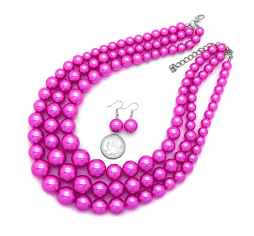 Women's Simulated Faux Three Multi-Strand Pearl Statement Necklace and Earrings Set (Fuchsia)