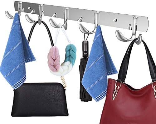 VOTRON Coat Hooks Wall Mounted Modern Hook Rack Stainless Steel Towel Hanger Holder Organizer Storage with 5 Double Heavy Duty Hanger Hooks Rail for Bathroom Bedroom Kitchen Office