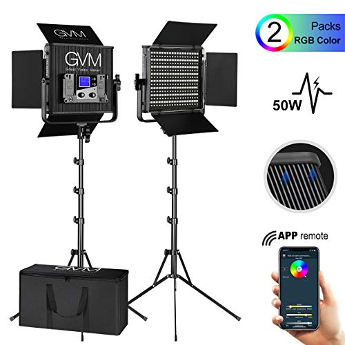 GVM 50RS RGB Video Lighting Kits with APP Control, 2 Pack CRI 97+ Dimmable Bi-Color/Full Color Output LED Photography Lights Panel with Barn-Door, Lighting for YouTube Studio Video Camera, 3200K-5600K