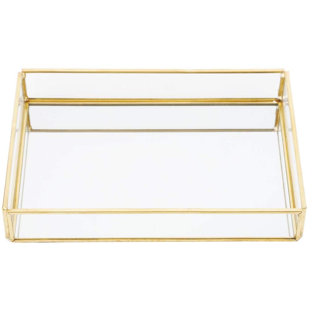 Ymiko Vintage Mirror Tray Jewelry Cosmetics Display Boxes Metal Glass Storage Box Gold Tray Cosmetics Vanity Storage (S)