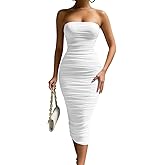 LAGSHIAN Women's Sexy Bodycon Strapless Tube Dress Sleeveless Ruched Midi Club Party Dresses