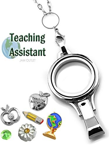 TEACHING ASSISTANT Memory Locket Lanyard ID Badge Holder Set, Floating Charms,Rolo Chain
