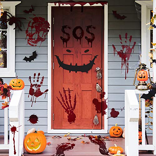 Halloween Window Clings, Bloody Handprint Footprint, 12 Sheets 130 PCS Halloween Window Decorations, Halloween Wall Decor, Halloween Window Stickers for Vampire Zombie, Spooky Window Stickers