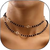 GIGB PBDK Black Double Layer Crystal Bead Choker Necklace, Gold Thin Chain Adjustable Short Collar Necklace, Trendy Dainty Simple Jewelry Gift for Women