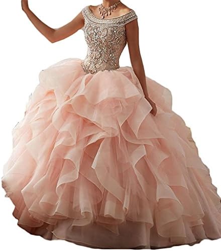 Women Crystal Beaded Bodice With Flounced Ball Gown Quinceanera Dress 6 US Blush Pink