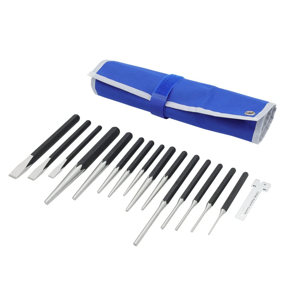 MichaelPro 16 Pieces Heavy Duty Chisel and Punch Set | Includes Center Punch, Pin Punch, Starter Punch, Chisel Gauge | CR-V Steel – Storage Pouch Included | MP010030