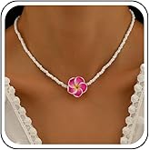 Sttiafay Boho Flower Beaded Choker Necklace Tiny Seed Bead Necklace Pink Hawaiian Plumeria Flower Necklaces Small Rice Beaded Necklaces Chain Jewelry for Women