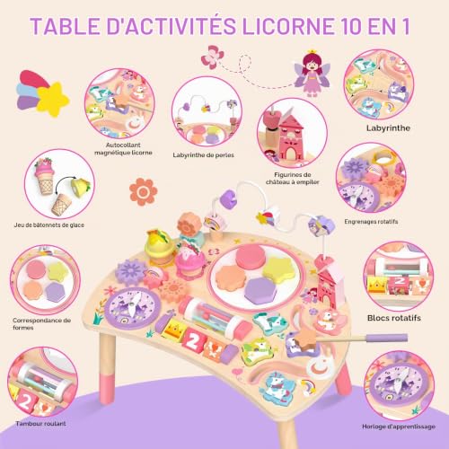 Fozcmisw Table d'Activité Montessori en Bois 10 en 1 Licorne dès 18 Mois | Manipuler, Trier, Tourner et écouter Aide la Motricité Fine Dans Les Jeux Quotidiens