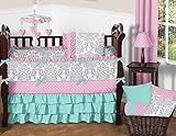 Sweet Jojo Designs Boutique Skylar Turquoise Blue Pink Polka Dot and Gray Damask Girls Baby Bedding 9 Piece Crib Set