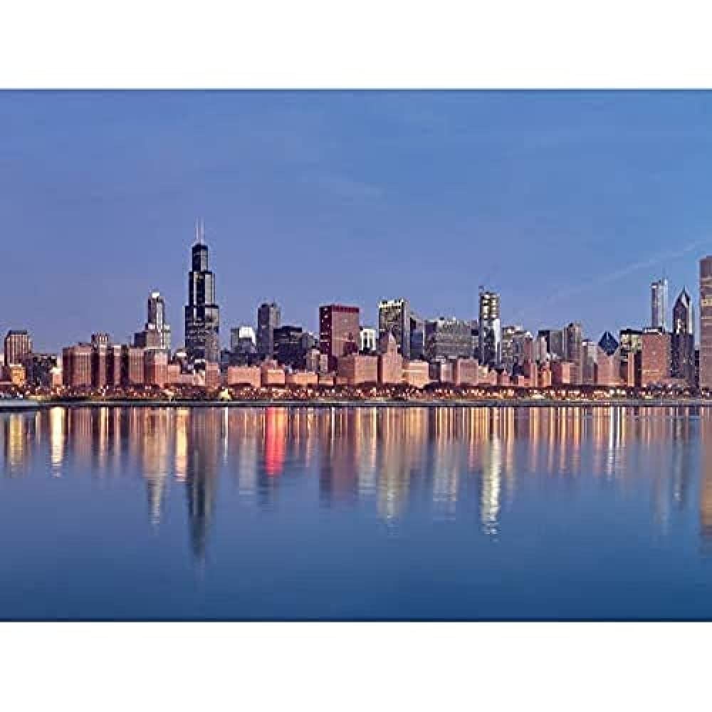 Schwen Chicago Skyline Sunrise Reflection Panorama Photo Art Print Canvas Premium Wall Decor Poster Mural