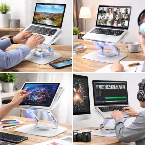 Suporte para Notebook de até 17” em Aço Carbono, Ajustável, Dobrável, Base Giratória 360° e Ventilação 2 coolers, Ergonômico e Portátil para Home Office e escritório, também para tablets e celulares