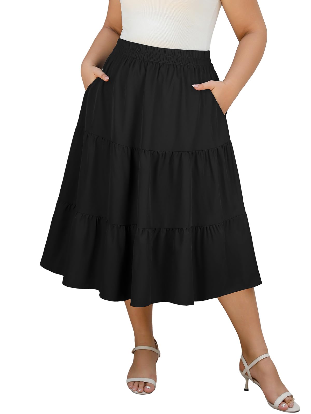 Photo 1 of Younrui Women's Plus Size Midi Black Skirt with Pockets Tiered Elastic Waist Bohemian Lightweight Casual Summer Skirts(4XL-1045-Black)