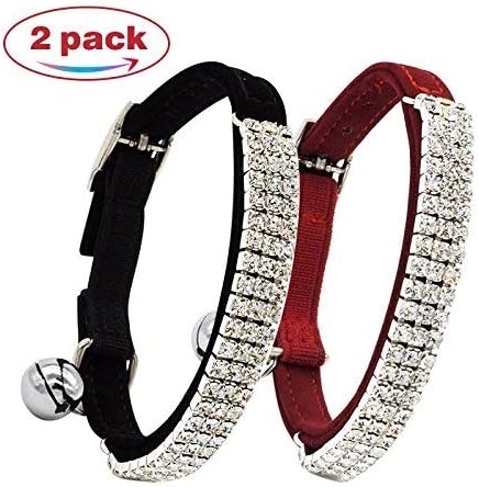 CHUKCHI Soft Velvet Safe Cat Adjustable Collar Bling Diamante With Bells,11 inch for small dogs and cats (Black+Red) …