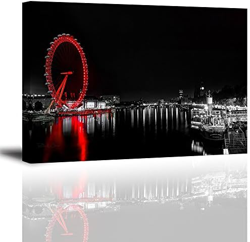 Black Wall Decor of London Eye Night View for Bedroom, Modern Canvas Painting Art Prints of Red Sky Ferris Wheel Landmark Picture (Water Proof Artwork, Ready to Hang, 1" Thick Frame)