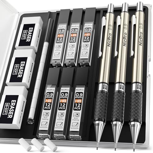 Nicpro 0.9 mm Mechanical Pencil Set with Case, 3PCS