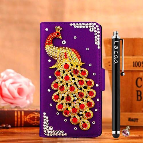 Locaa(TM) For HTC Desire 620 HTC620 New Cover Case Design Leather 3D Bling Back Wallet Moblie Protection Popular Flip Colorful Holder Gift Luxury Peacock Purple Red peacock