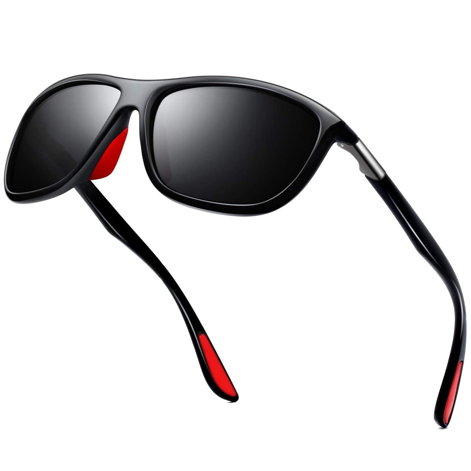 KANASTAL Sports Sunglasses Mens Black Polarised Women Red Temples Rectangular Wrap Around Sun Glasses Running Driving Cycling Golf UV400 Protection - Gloss Black Lens