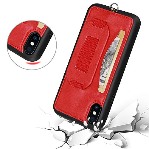 TOOVREN Case for iPhone Xs Max, Lanyard iPhone Xs Max Wallet Cases with Card Holder Slot, Neck Strap Finger Phone Loop Foldable Kickstand Purse Cover for Women Men - Red