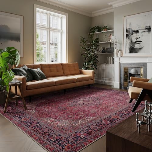 artyrugs Machine Washable Rug, 240x330cm, 75% Recycled Cotton, Short Pile, Non-Slip Backing, Non-Shedding, Suitable for Living Room, Bedroom, Kitchen, Hallway, Office, Aesthetic Crimson Red