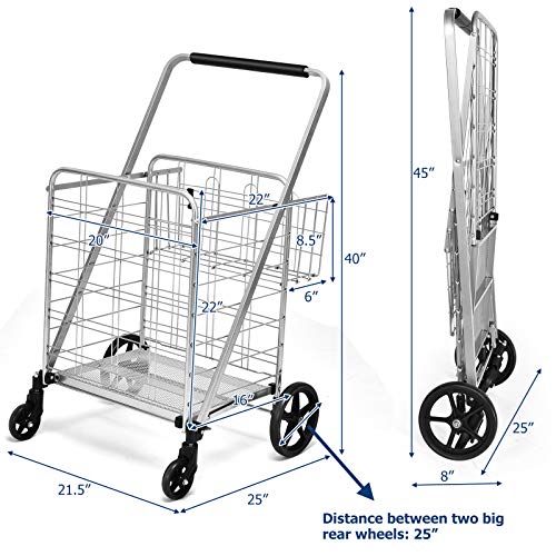 Goplus Folding Shopping Cart, Jumbo Double Basket Utility Grocery Cart