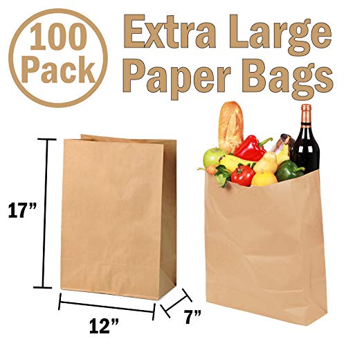 100 Large Paper Grocery Bags, 12x7x17 Kraft Brown Heavy Duty Sack for Recycling Pricepulse