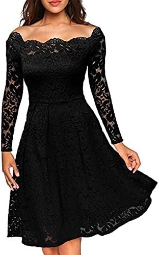 FOMANSH Women's Cocktail Dress Long Sleeve Lace Party Dresses Off-Shoulder Boat Neck Formal Swing Dress