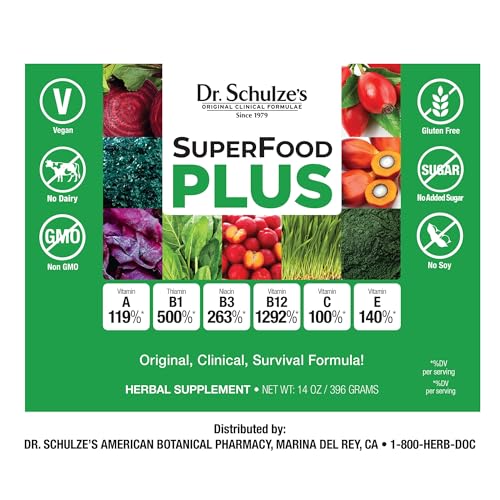 Dr. Schulze’s SuperFood Plus | Vitamin and Mineral Herbal Concentrate | Daily Nutrition | Gluten-Free and Non-GMO | Vegan | 14 Ounce Powder | Packaging May Vary