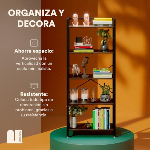 MUBSON Librero con Diseño Industrial con 5 Repisas para Estudio, Sala o Recamara de Madera MDF. Estante Alto de 160 cm para Decoración. Librero para Niños. Bookshelf. Bookshelves Wood (Café)