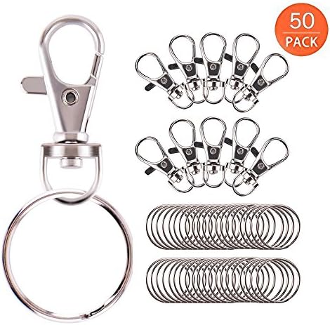 EOFINE Portable Metal Swivel Clasps, [50 Pieces] 360° Rotatable Lanyard Snap Hook Lobster Claw Clasps Keychain Clip Jewelry Findings with D Key Ring - Silver