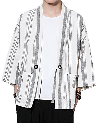 Men's Cotton Linen Retro Striped Kimono Cardigan Cloak Jacket 2XL (White Striped, Large) - Thumbnail 7