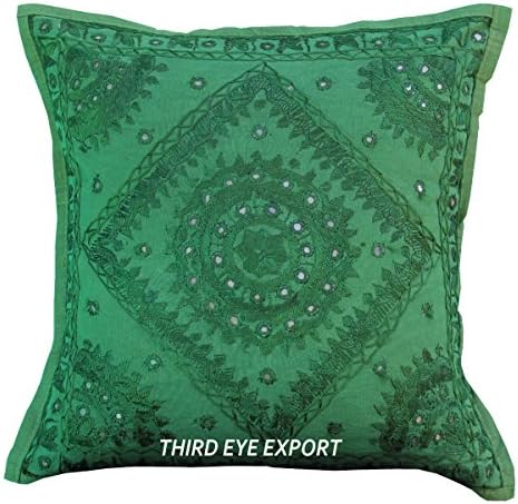 Third Eye Export " 16" Mirror Embroidered Ethnic Home Decorative Indian Sofa Cushion Pillow Cover Bohemian (Teal Green)