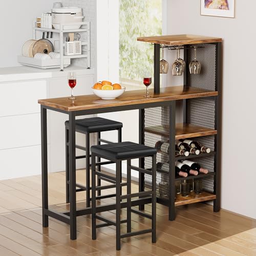 VECELO Bar Table and Chairs Set for 2, 3-Piece Dining Set with Storage Shelves,…