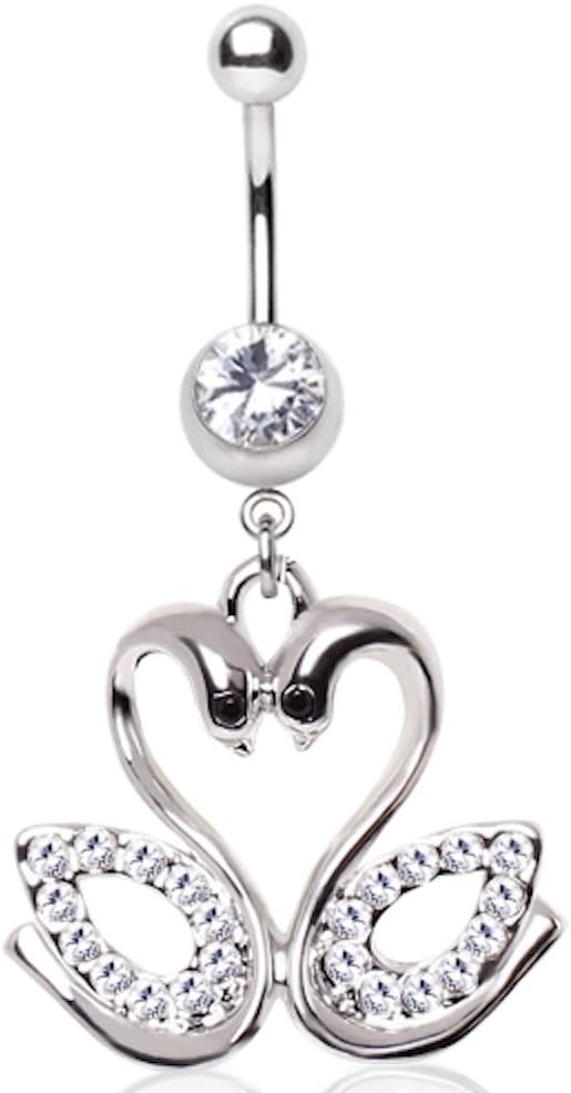Covet Jewelry 316L Surgical Steel Gemmed Swan Couple Dangle Navel Ring
