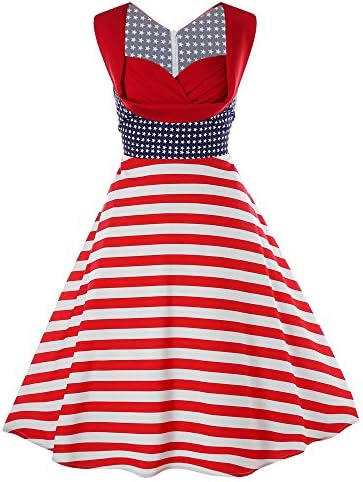 LLNONG Women American Flag Elegant Sleeveless Vintage Hepburn Dress Ball Gown Fashion Patchwork Knee-Length Swing Dress
