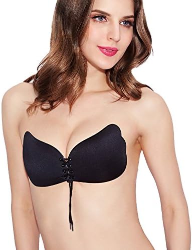 Strapless Bra Invisible Push Up Bra Angel Wing Shape Self-Adhesive Silicone Bust Front Bra (B, Black)