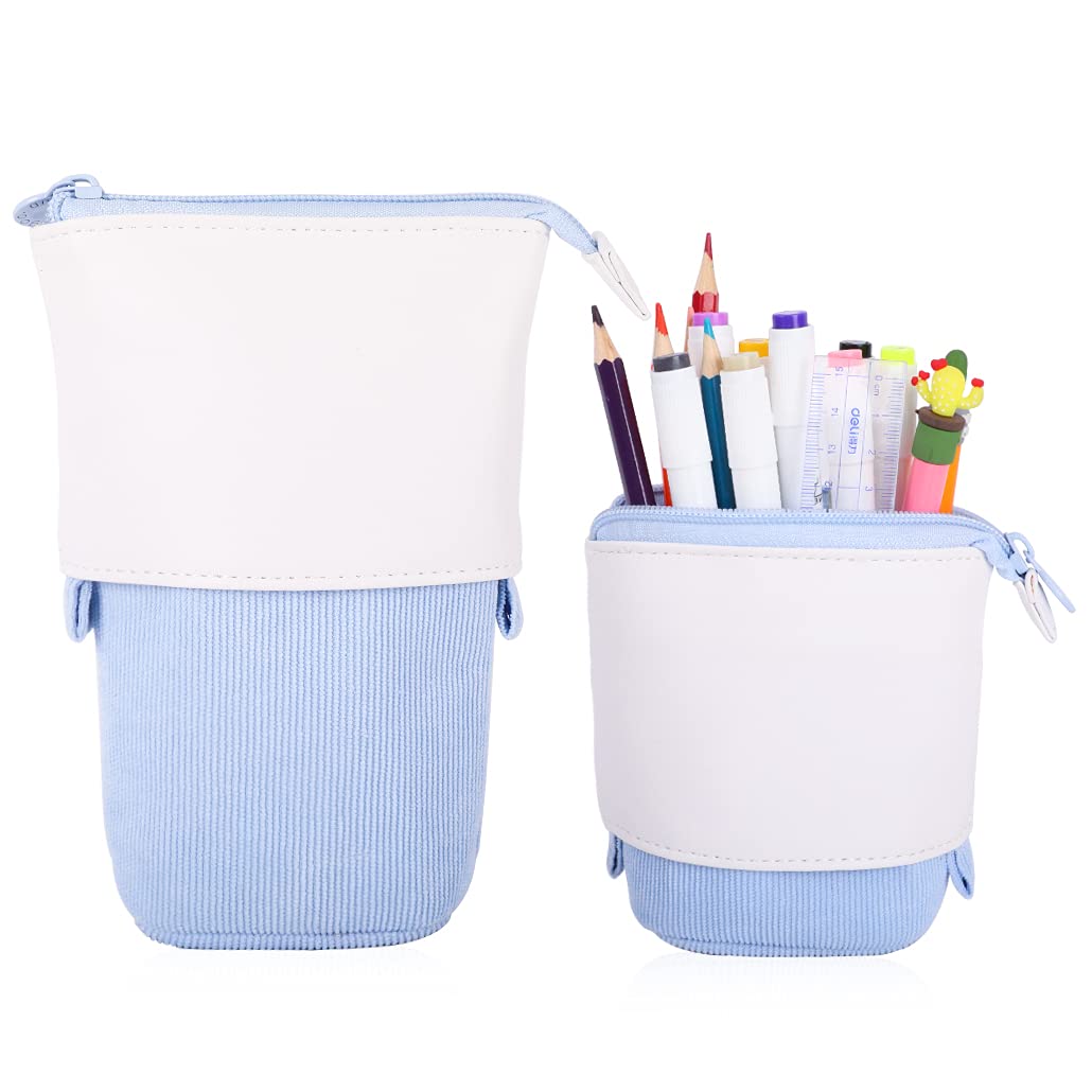 iSuperb Telescopic Pencil Case Stand up Pencil Holder Large Capacity Slider Pencil Pouch Pop up Pen Bag Aesthetic Corduroy Stationery Paint Pen Storage Case for Student Adult (Blue)