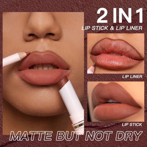 USHAS 2 in 1 Waterproof Lipstick and Lip Liner Combo Set - Long Lasting Matte Lipstick Pen with Lip Liner Set Makeup Kits (S9, Pack of 1)